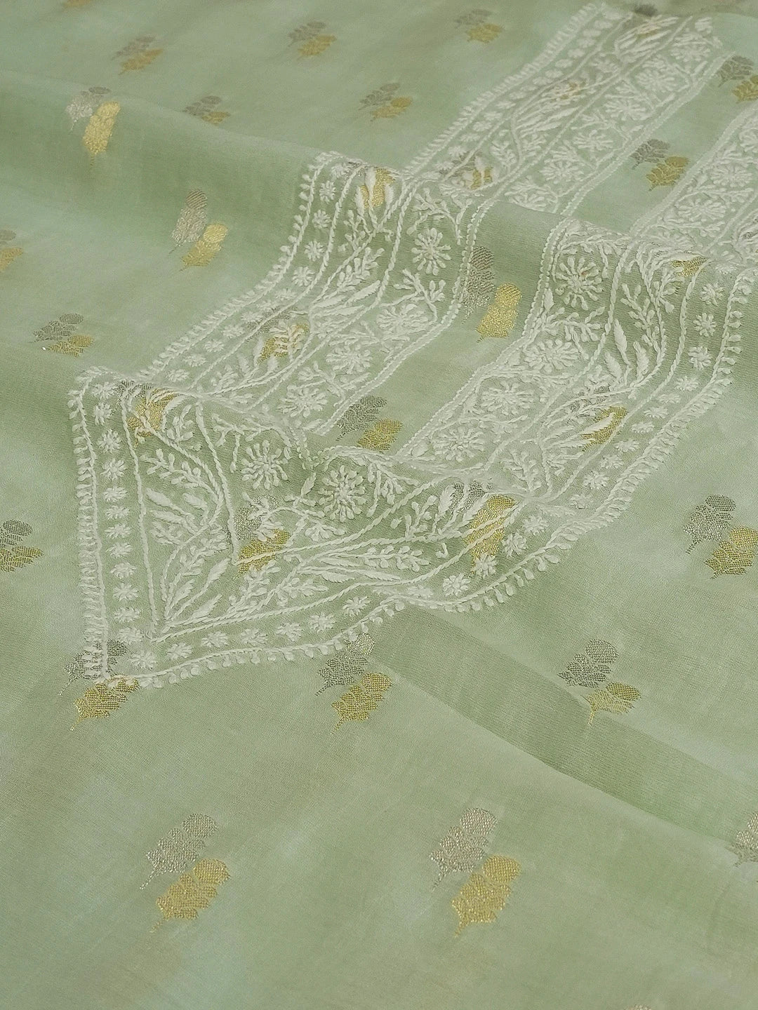 Ada Hand Embroidered Light Green Chanderi Lucknowi Chikankari Unstitched Men's Kurta Piece 01A604631