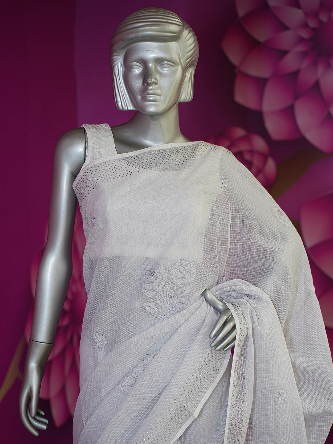 Ada Hand Embroidered Grey Kota Lucknowi Chikankari Saree/Blouse With Muqaish Work 01A601839