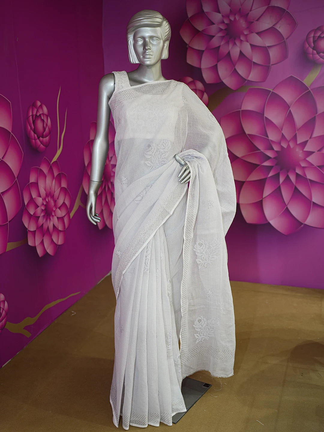 Ada Hand Embroidered Grey Kota Lucknowi Chikankari Saree/Blouse With Muqaish Work 01A601839