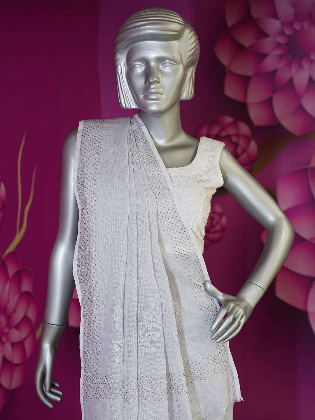 Ada Hand Embroidered Grey Kota Lucknowi Chikankari Saree/Blouse With Muqaish Work 01A601839