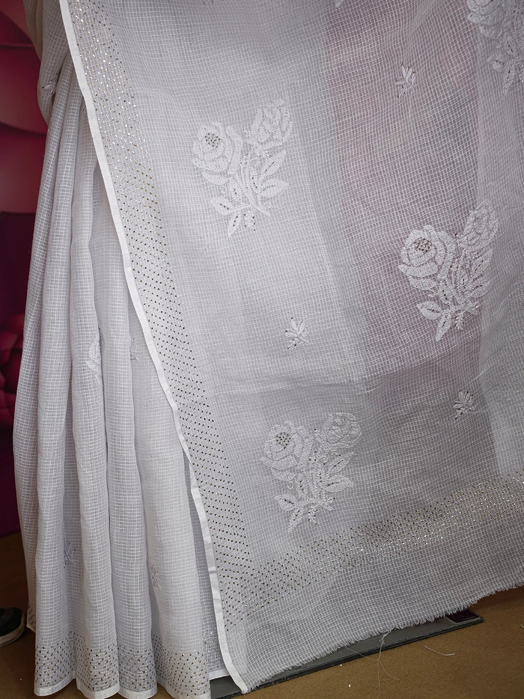 Ada Hand Embroidered Grey Kota Lucknowi Chikankari Saree/Blouse With Muqaish Work 01A601839