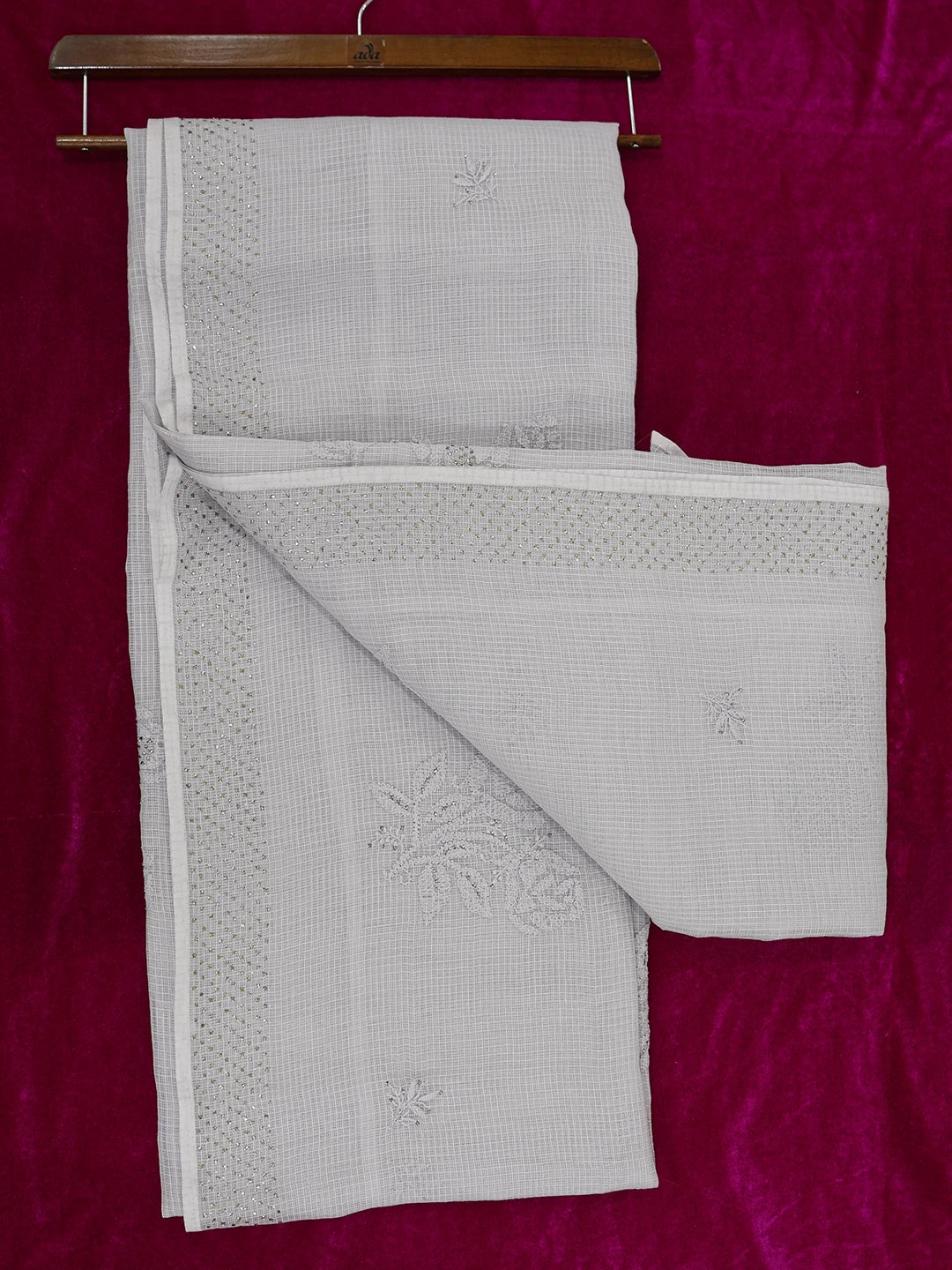 Ada Hand Embroidered Grey Kota Lucknowi Chikankari Saree/Blouse With Muqaish Work 01A601839