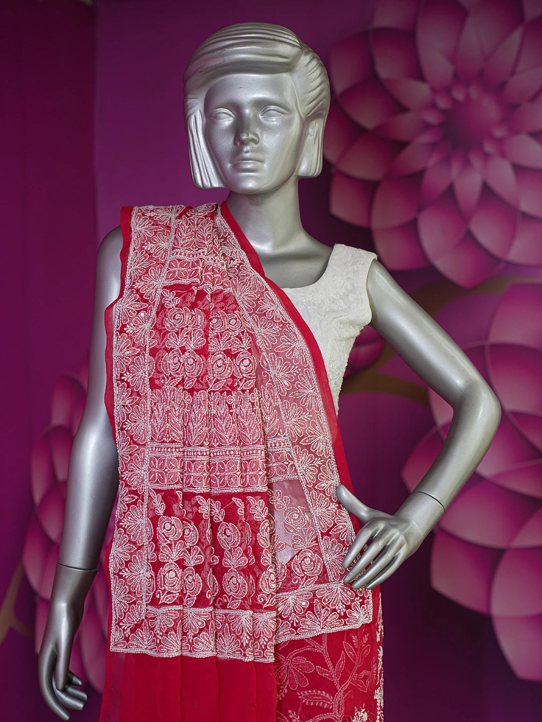 Ada Hand Embroidered Red Georgette Lucknowi Chikankari Saree/Blouse With Sequinned Work 01A176187