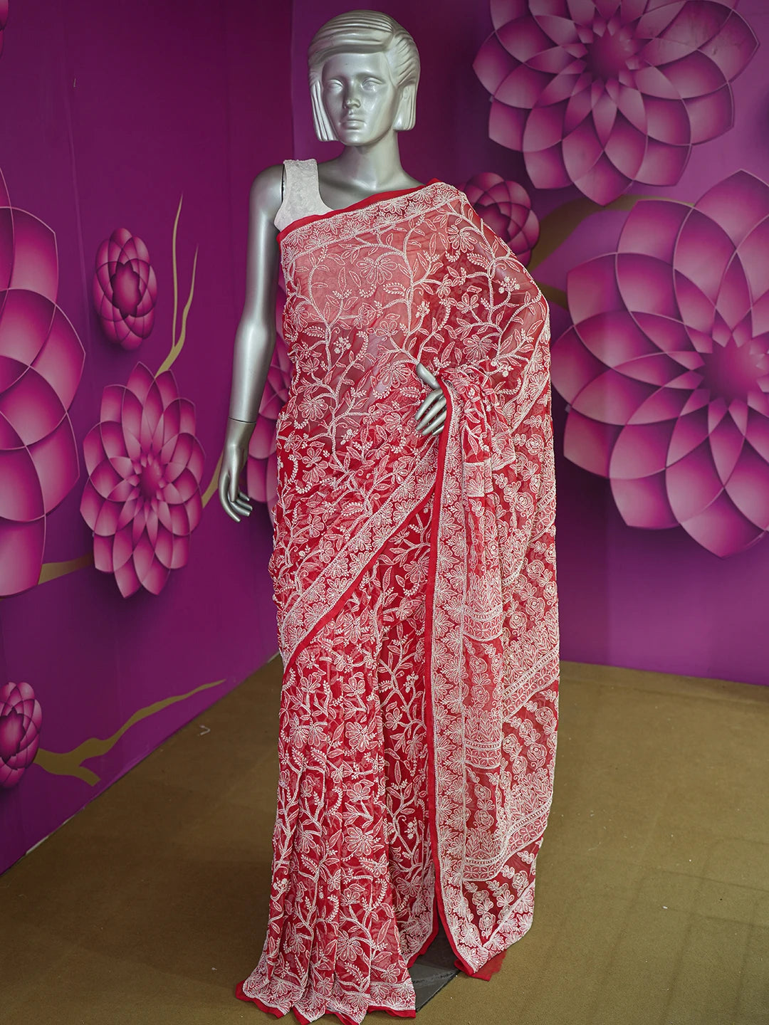 Ada Hand Embroidered Red Georgette Lucknowi Chikankari Saree/Blouse With Sequinned Work 01A176187