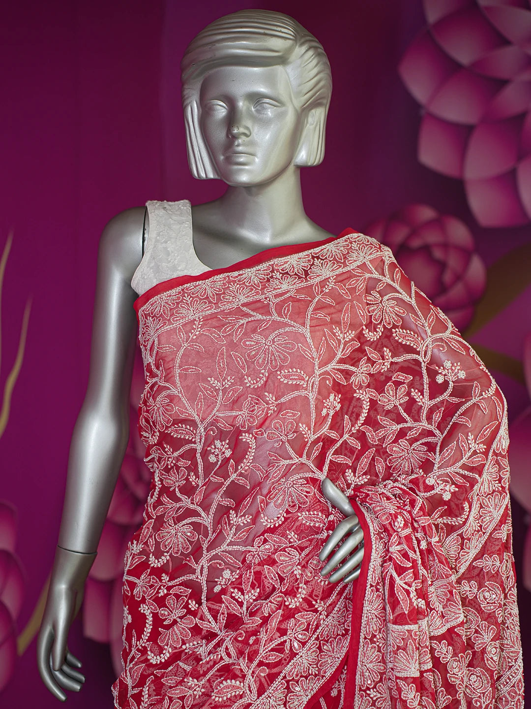 Ada Hand Embroidered Red Georgette Lucknowi Chikankari Saree/Blouse With Sequinned Work 01A176187