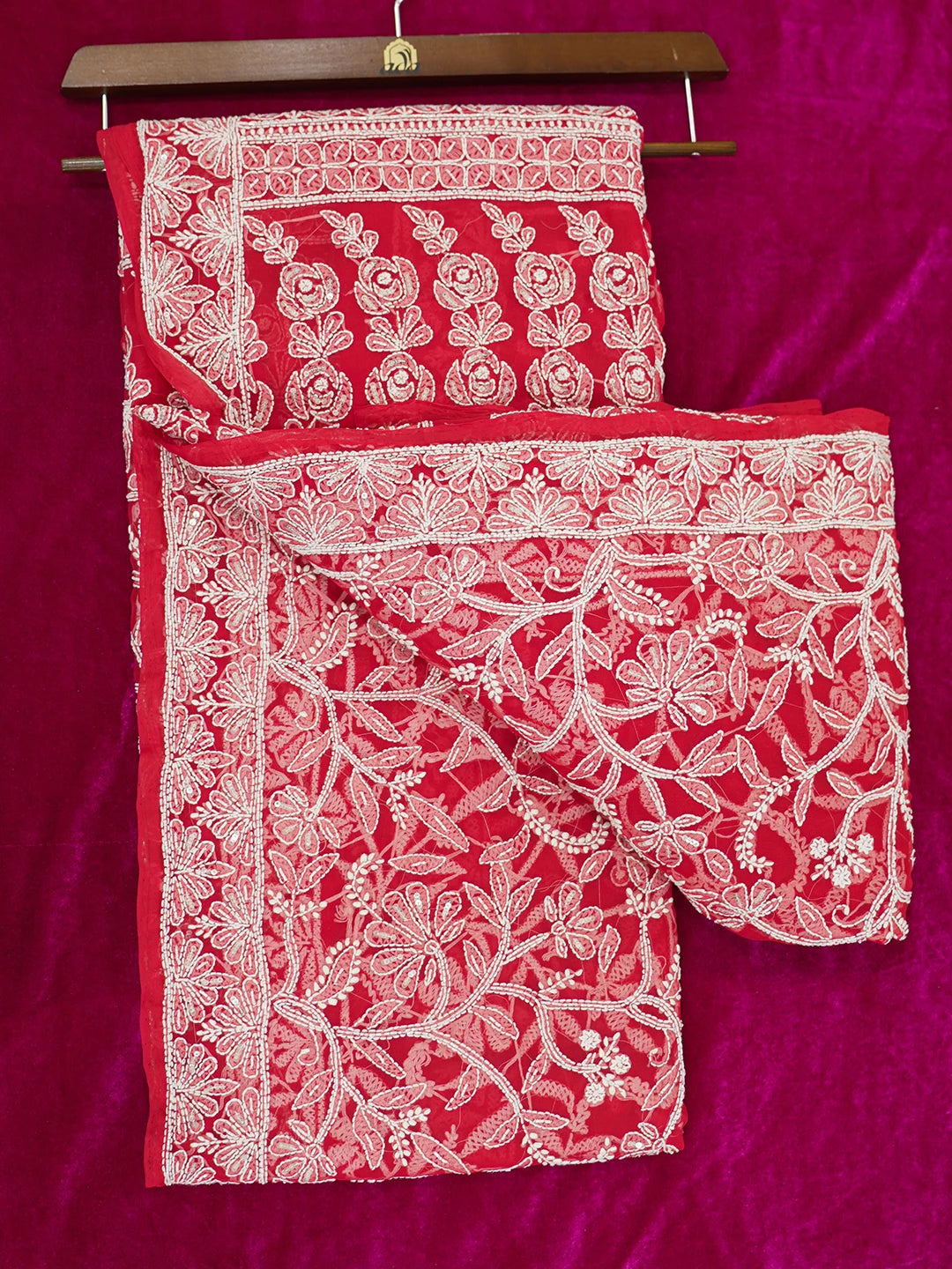 Ada Hand Embroidered Red Georgette Lucknowi Chikankari Saree/Blouse With Sequinned Work 01A176187