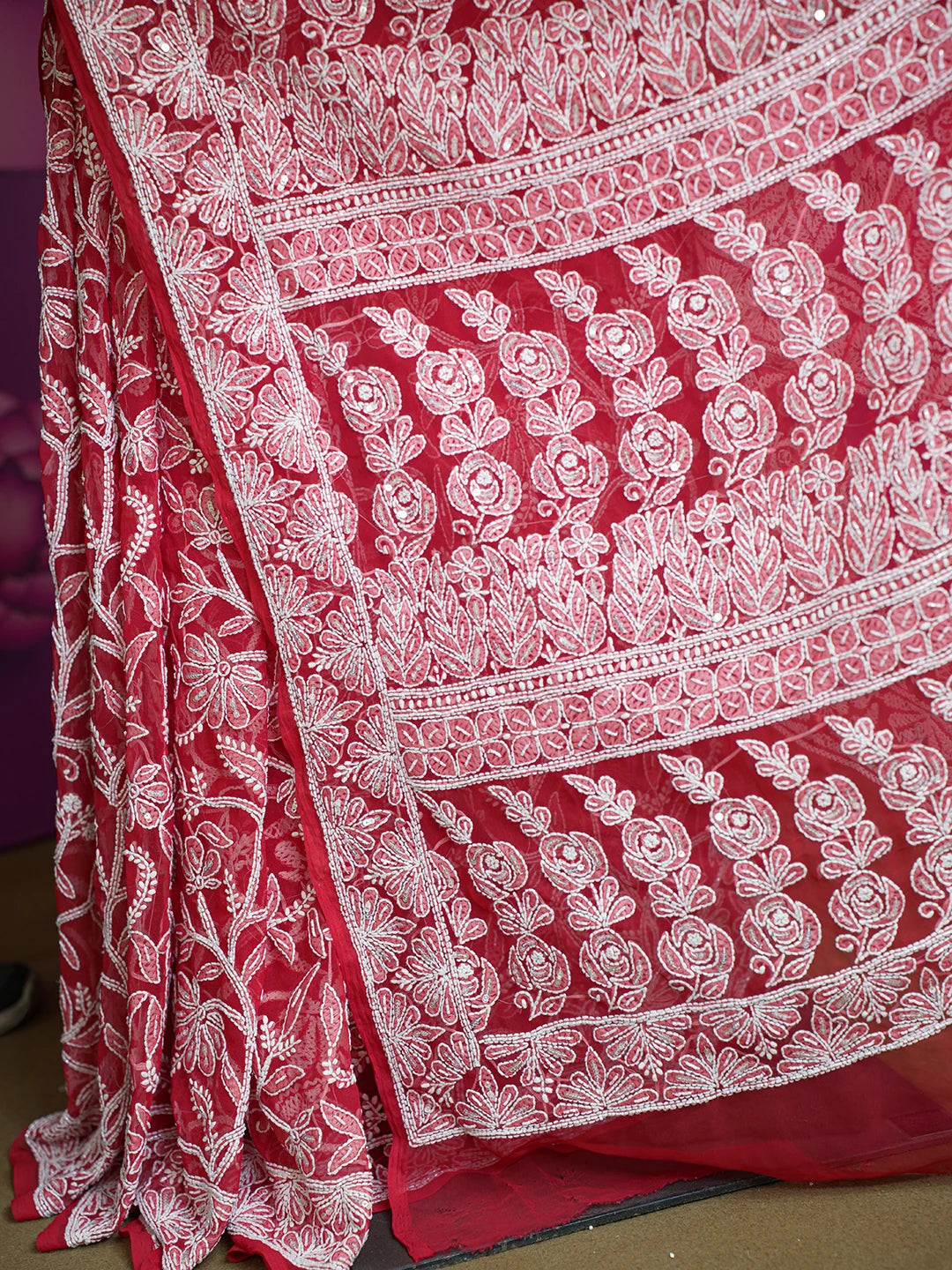 Ada Hand Embroidered Red Georgette Lucknowi Chikankari Saree/Blouse With Sequinned Work 01A176187