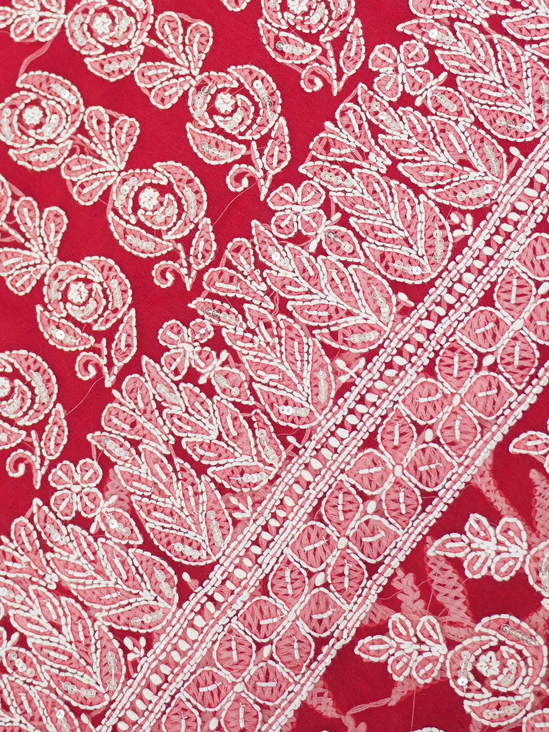 Ada Hand Embroidered Red Georgette Lucknowi Chikankari Saree/Blouse With Sequinned Work 01A176187