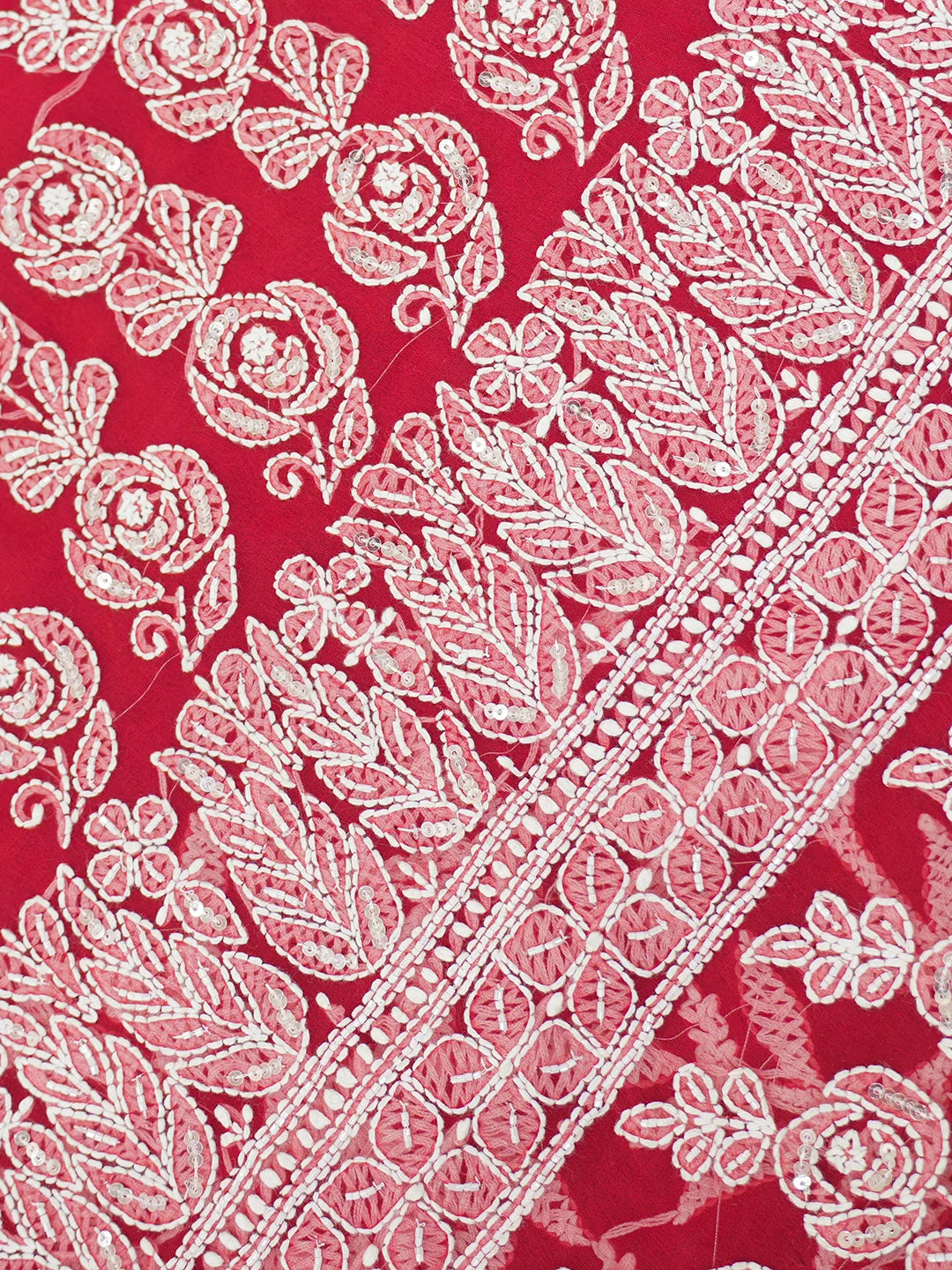 Ada Hand Embroidered Red Georgette Lucknowi Chikankari Saree/Blouse With Sequinned Work 01A176187