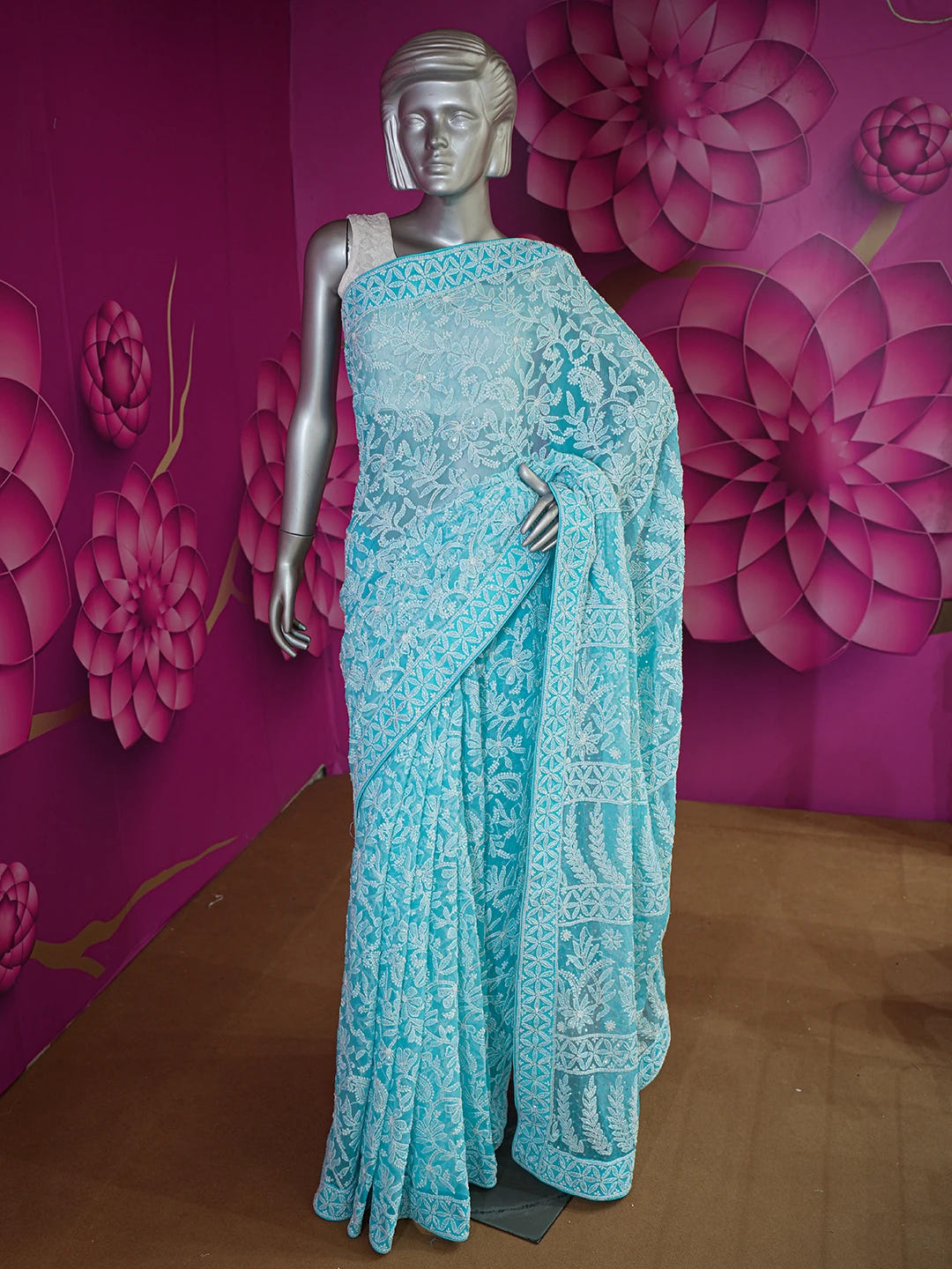 Ada Hand Embroidered Picton Blue Georgette Lucknowi Chikankari Saree/Blouse with Sequinned Work 01A395180