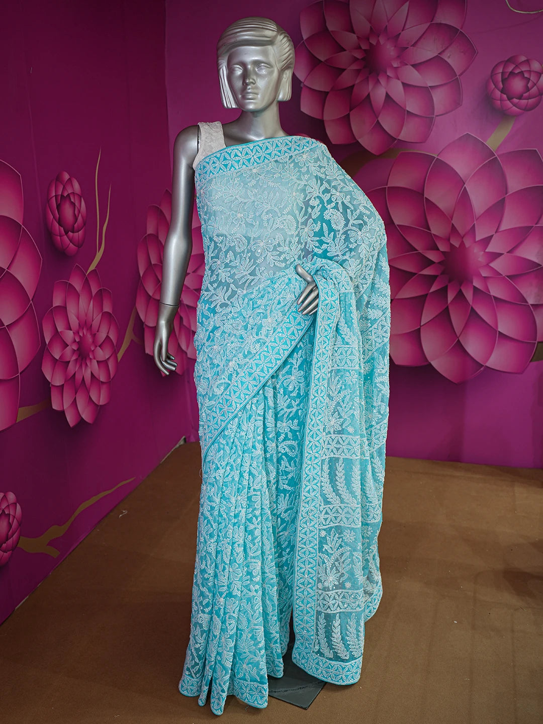 Ada Hand Embroidered Picton Blue Georgette Lucknowi Chikankari Saree/Blouse with Sequinned Work 01A395180
