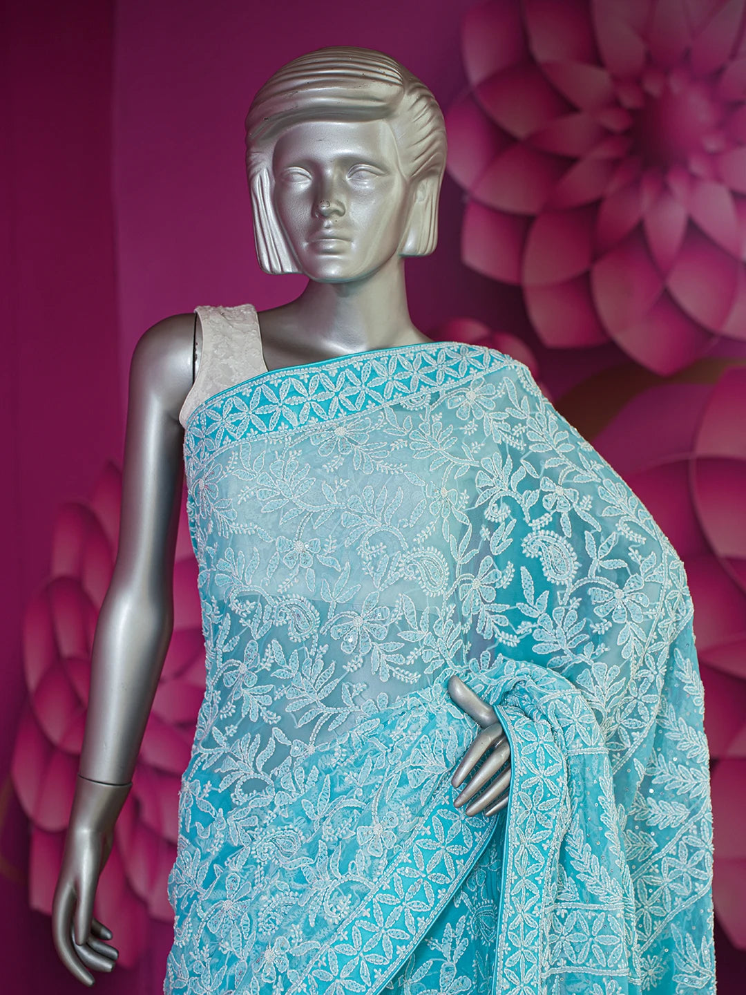 Ada Hand Embroidered Picton Blue Georgette Lucknowi Chikankari Saree/Blouse with Sequinned Work 01A395180