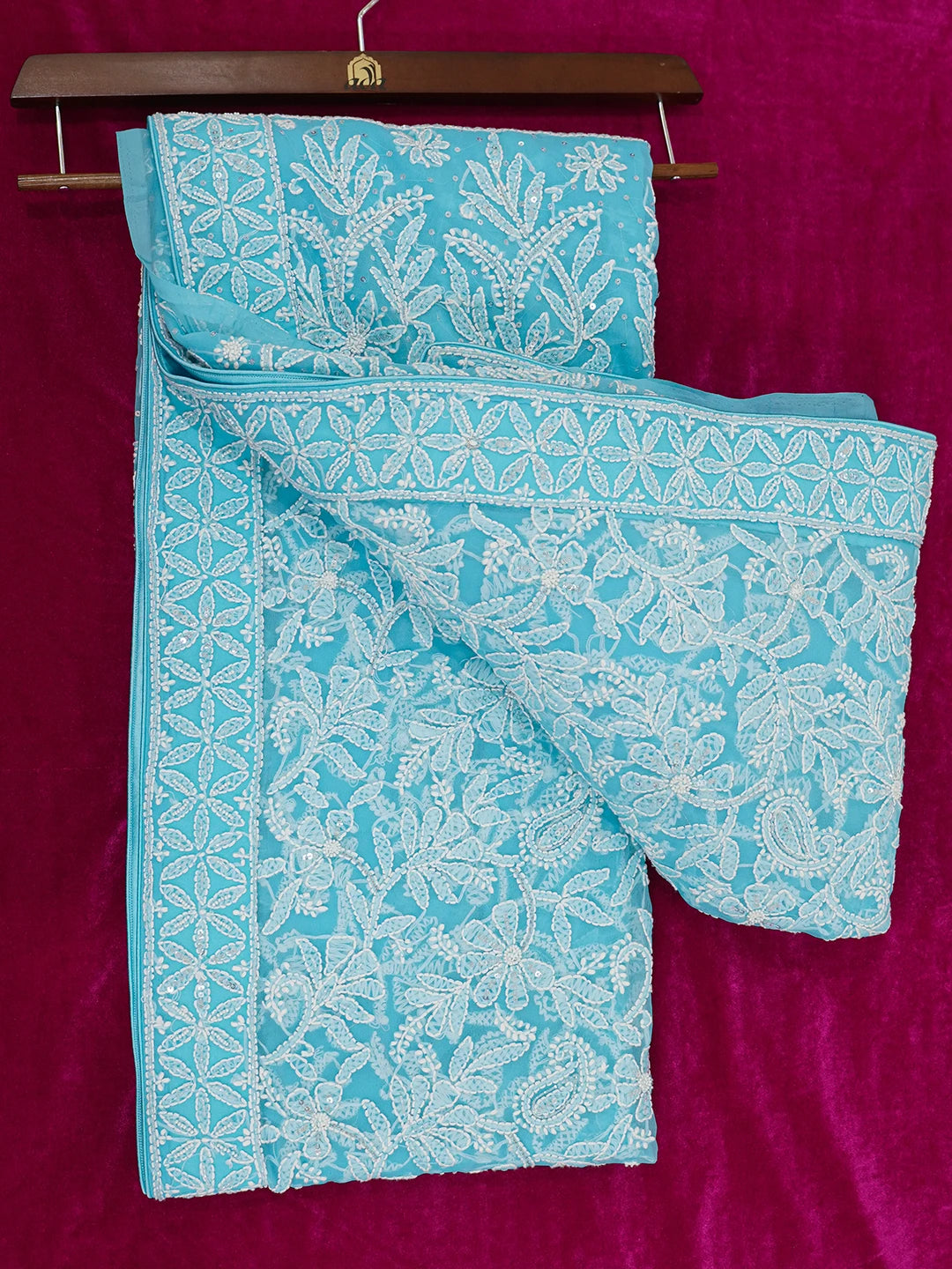 Ada Hand Embroidered Picton Blue Georgette Lucknowi Chikankari Saree/Blouse with Sequinned Work 01A395180