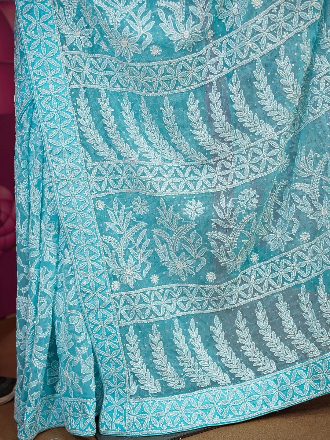Ada Hand Embroidered Picton Blue Georgette Lucknowi Chikankari Saree/Blouse with Sequinned Work 01A395180