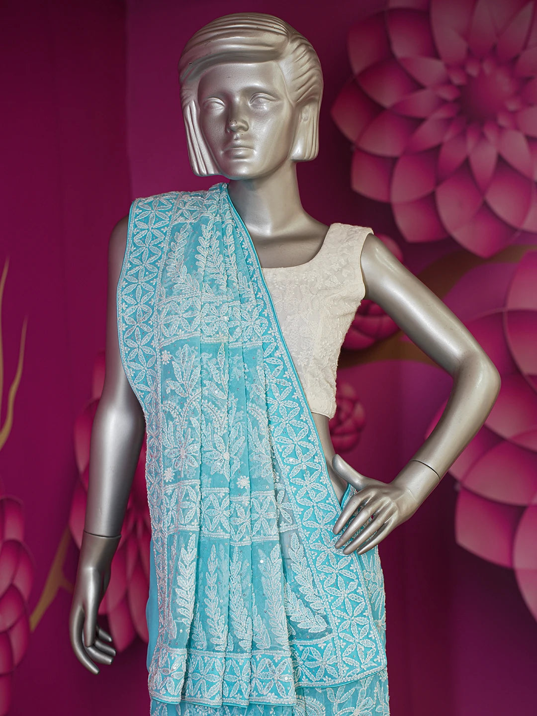 Ada Hand Embroidered Picton Blue Georgette Lucknowi Chikankari Saree/Blouse with Sequinned Work 01A395180
