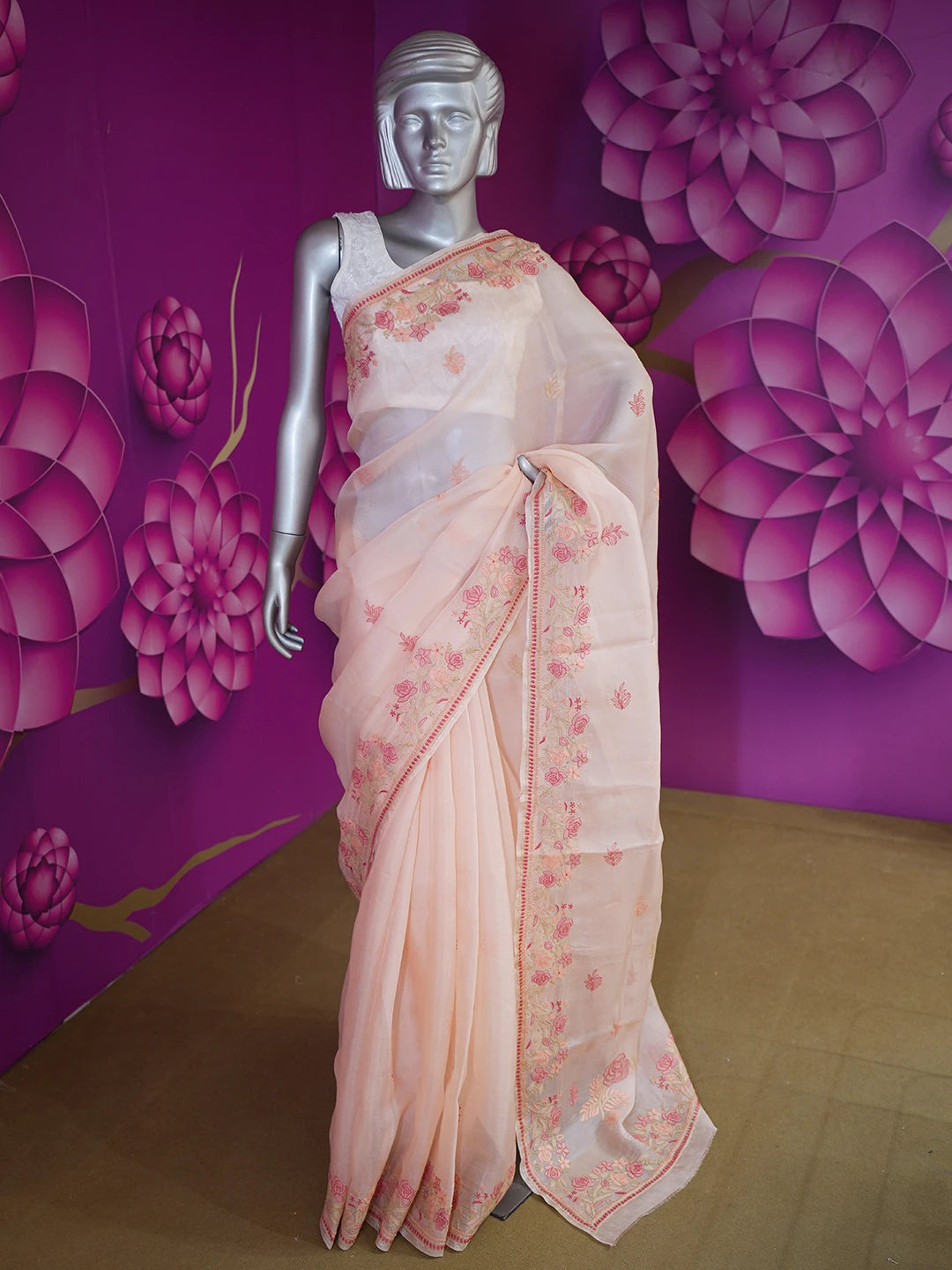 Ada Hand Embroidered Peach Organza Lucknowi Chikankari Saree With Blouse 01A557326
