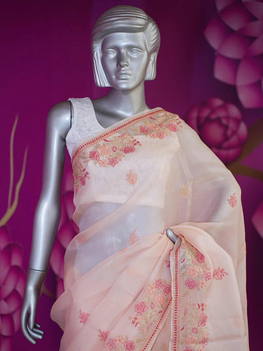 Ada Hand Embroidered Peach Organza Lucknowi Chikankari Saree With Blouse 01A557326