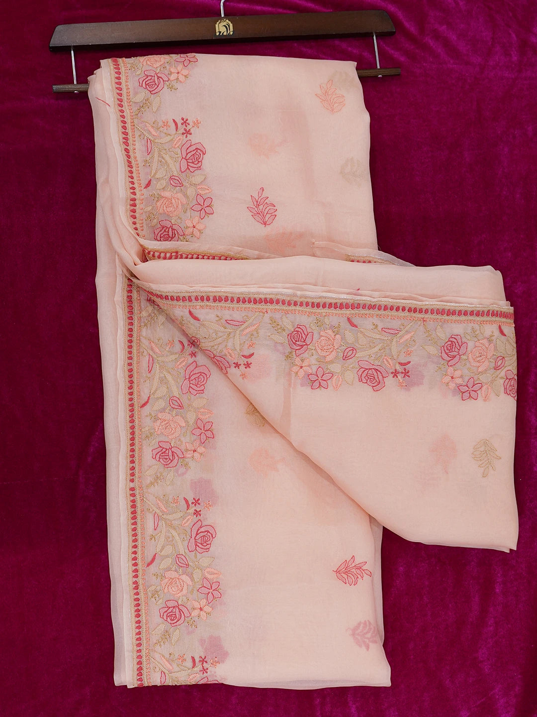 Ada Hand Embroidered Peach Organza Lucknowi Chikankari Saree With Blouse 01A557326