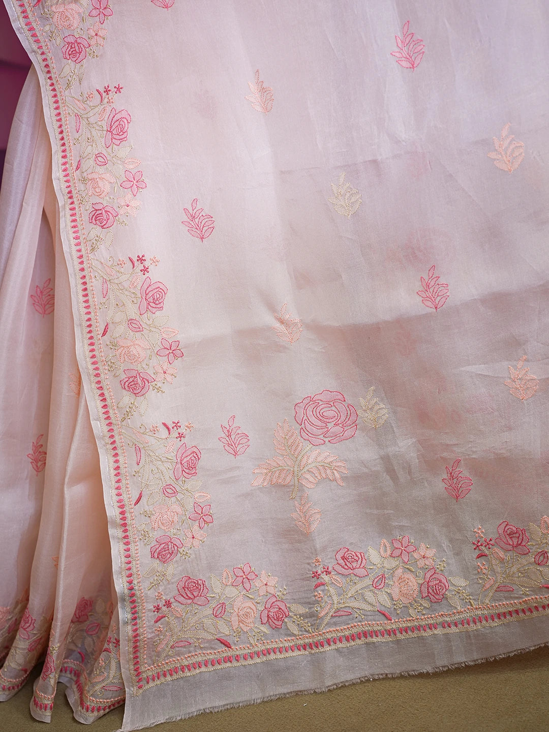 Ada Hand Embroidered Peach Organza Lucknowi Chikankari Saree With Blouse 01A557326