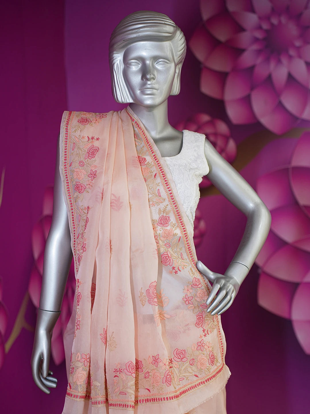 Ada Hand Embroidered Peach Organza Lucknowi Chikankari Saree With Blouse 01A557326