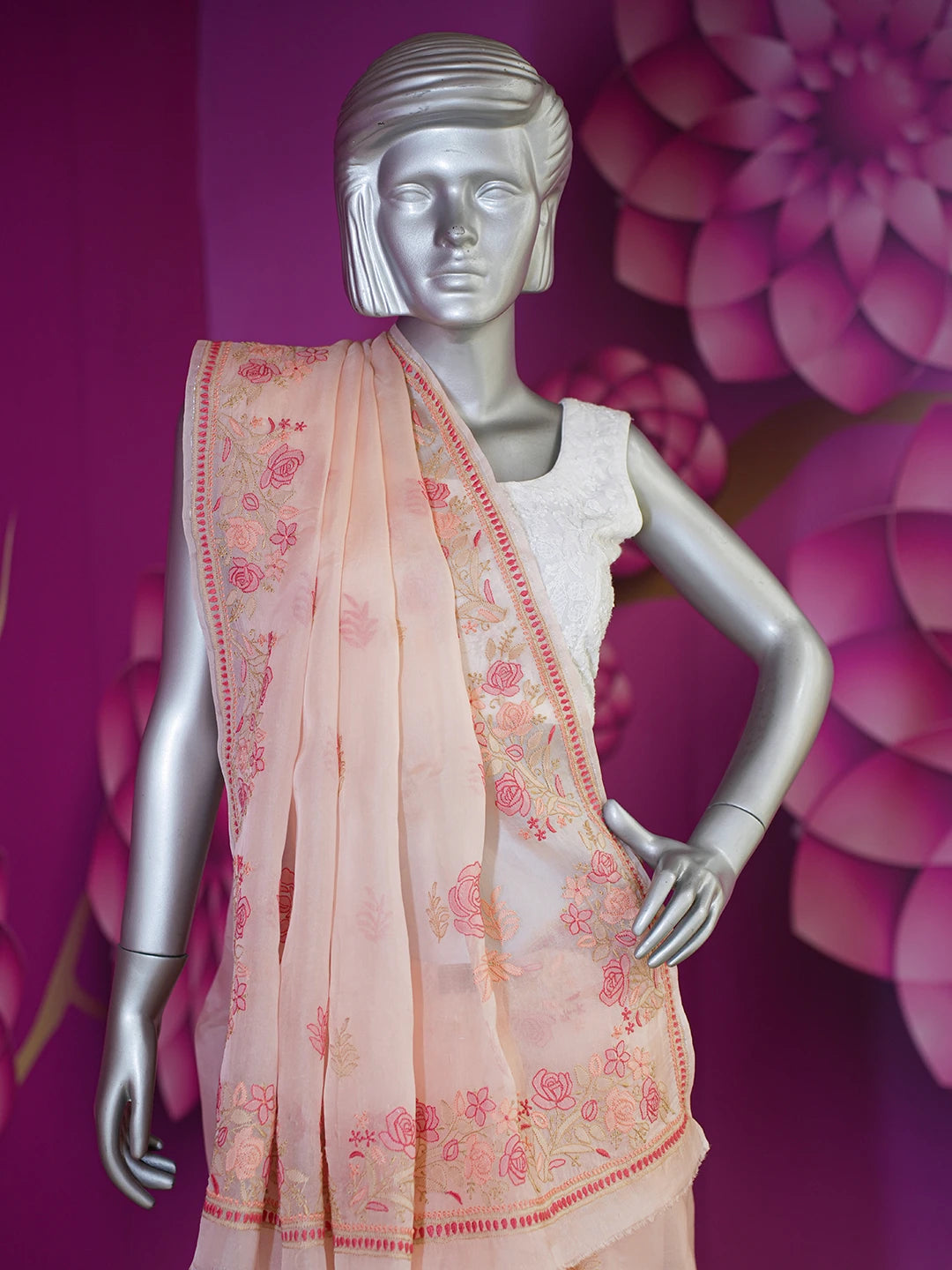 Ada Hand Embroidered Peach Organza Lucknowi Chikankari Saree With Blouse 01A557326