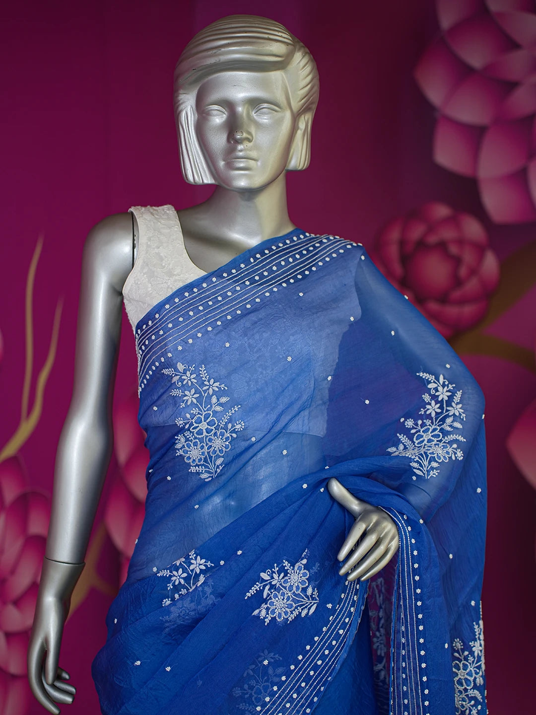 Ada Hand Embroidered Berkeley Blue Organza Lucknowi Chikankari Saree and Blouse With Pearl Work 01A550494