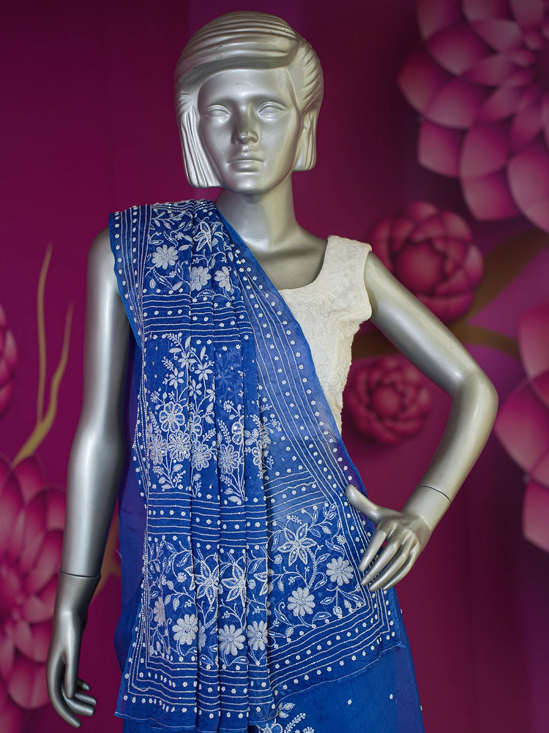 Ada Hand Embroidered Berkeley Blue Organza Lucknowi Chikankari Saree and Blouse With Pearl Work 01A550494