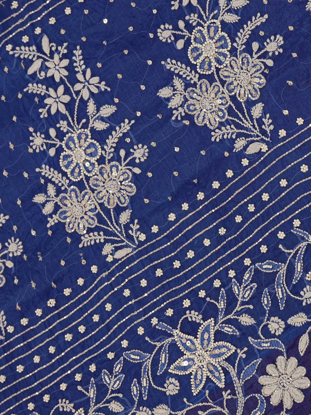 Ada Hand Embroidered Berkeley Blue Organza Lucknowi Chikankari Saree and Blouse With Pearl Work 01A550494