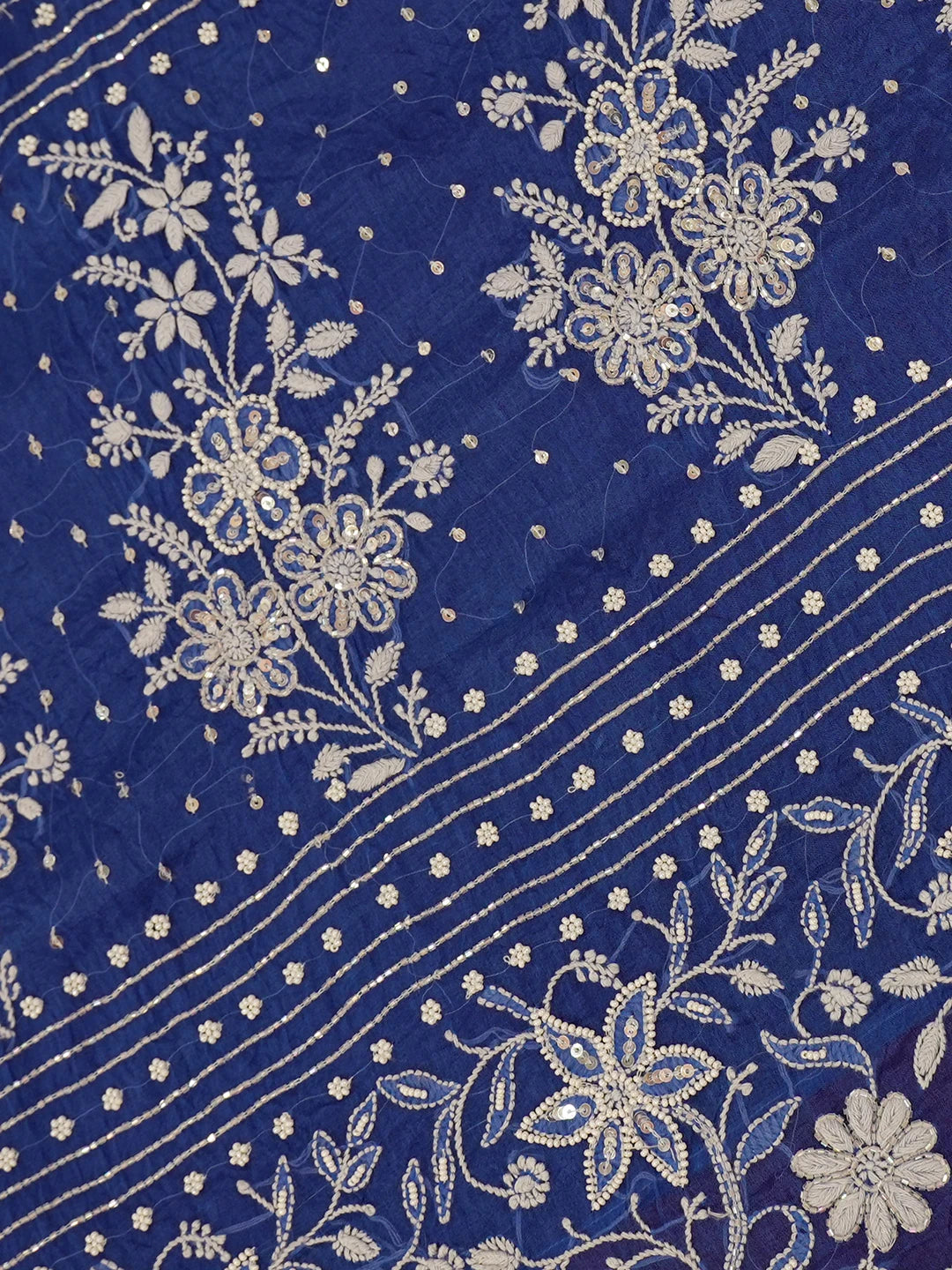 Ada Hand Embroidered Berkeley Blue Organza Lucknowi Chikankari Saree and Blouse With Pearl Work 01A550494