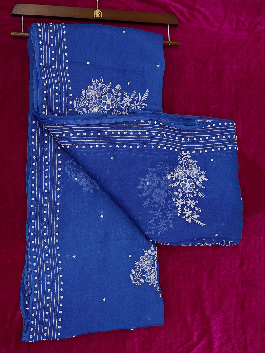 Ada Hand Embroidered Berkeley Blue Organza Lucknowi Chikankari Saree and Blouse With Pearl Work 01A550494