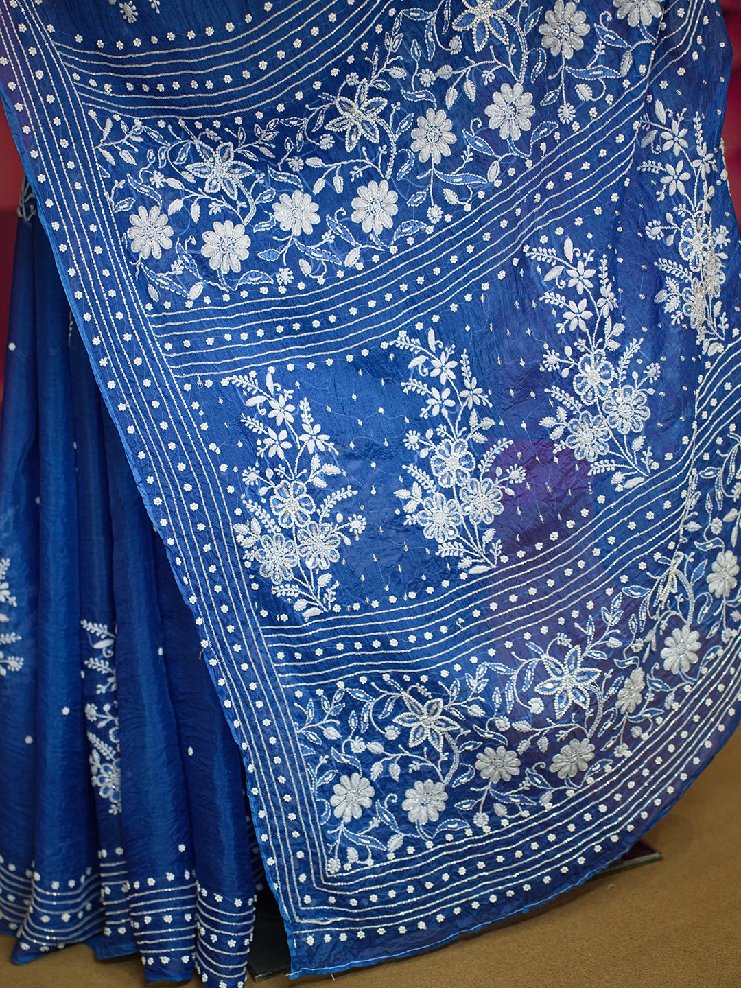 Ada Hand Embroidered Berkeley Blue Organza Lucknowi Chikankari Saree and Blouse With Pearl Work 01A550494