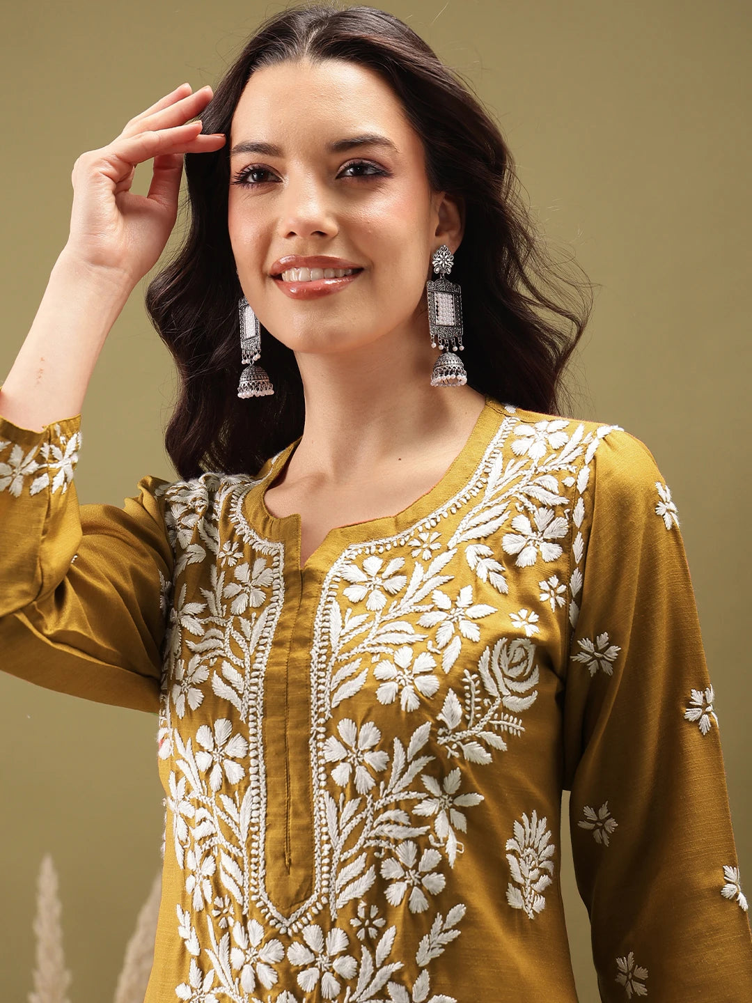Ada Hand Embroidered Mustard Cotton Lucknowi Chikankari Co-Ord Set A811274