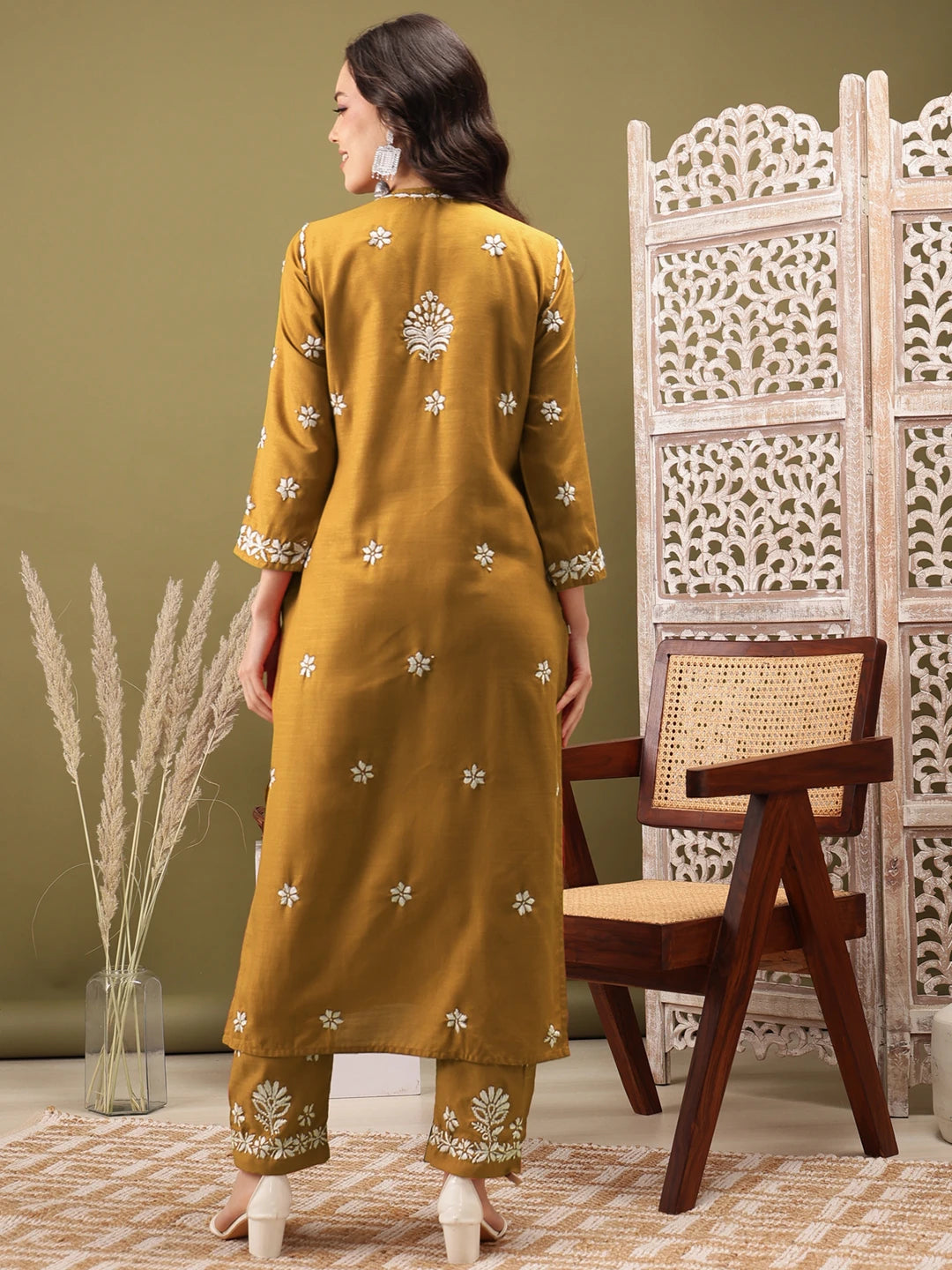 Ada Hand Embroidered Mustard Cotton Lucknowi Chikankari Co-Ord Set A811274