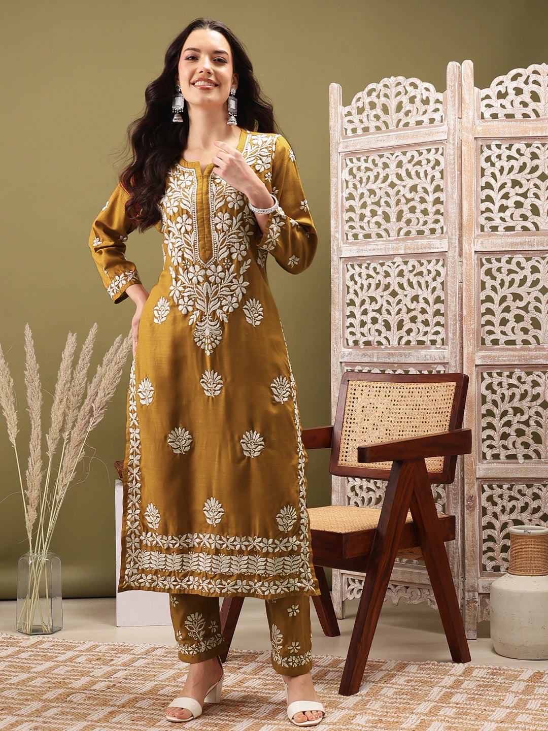 Ada Hand Embroidered Mustard Cotton Lucknowi Chikankari Co-Ord Set A811274