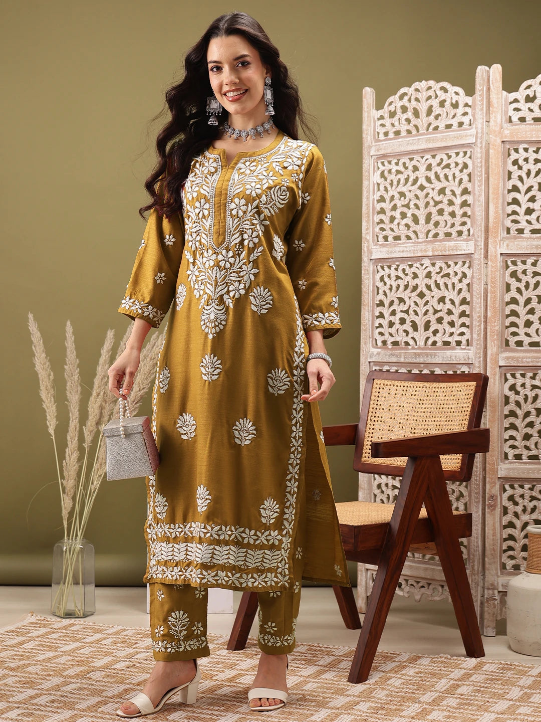 Ada Hand Embroidered Mustard Cotton Lucknowi Chikankari Co-Ord Set A811274