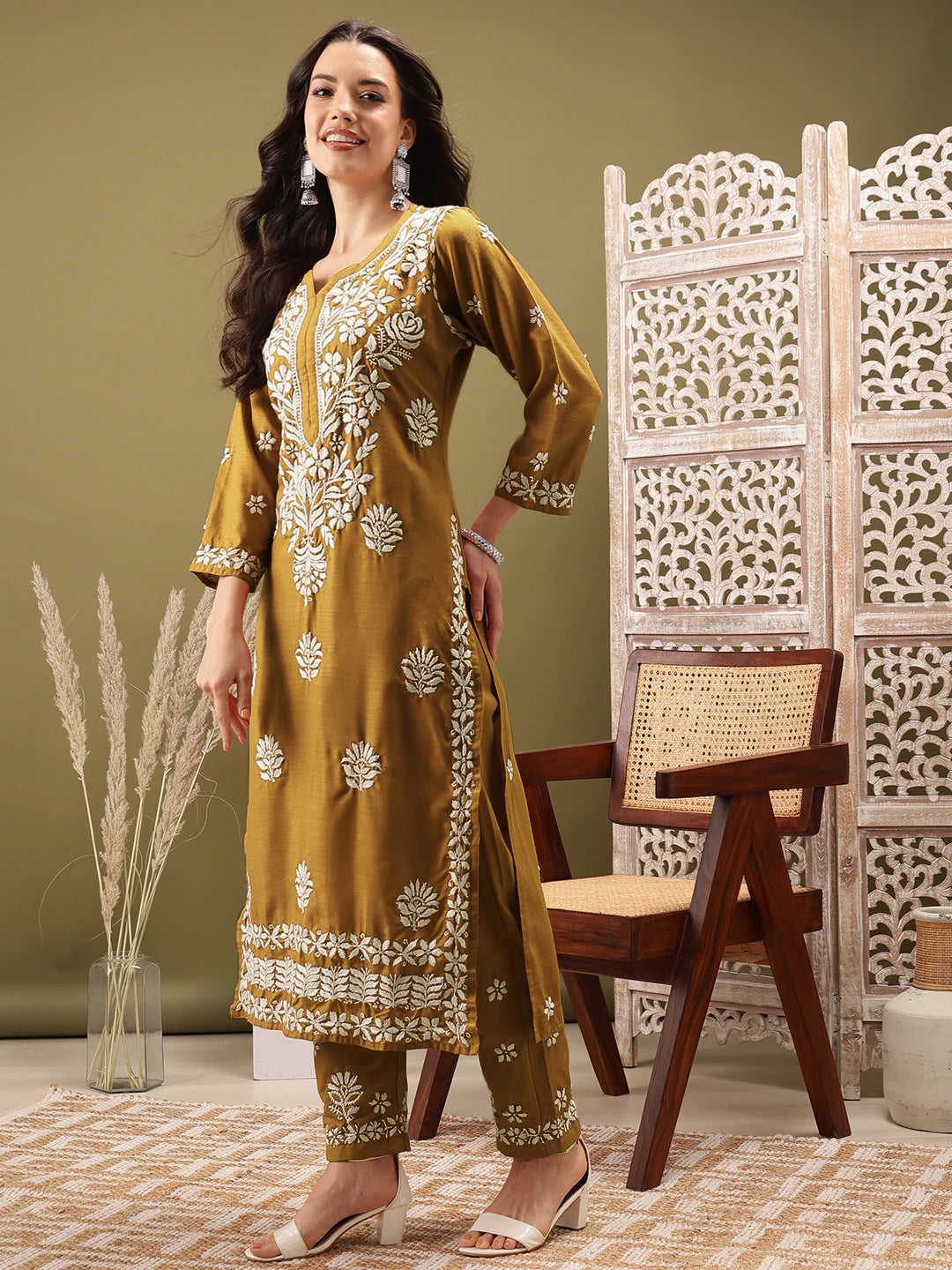 Ada Hand Embroidered Mustard Cotton Lucknowi Chikankari Co-Ord Set A811274