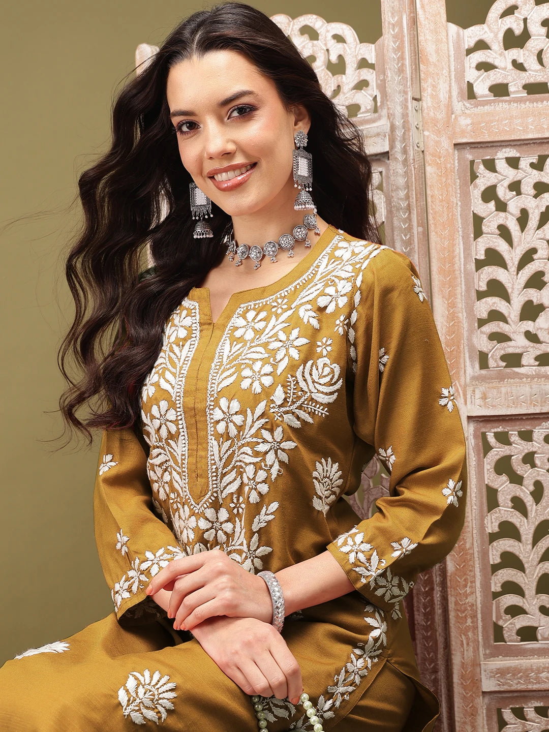 Ada Hand Embroidered Mustard Cotton Lucknowi Chikankari Co-Ord Set A811274