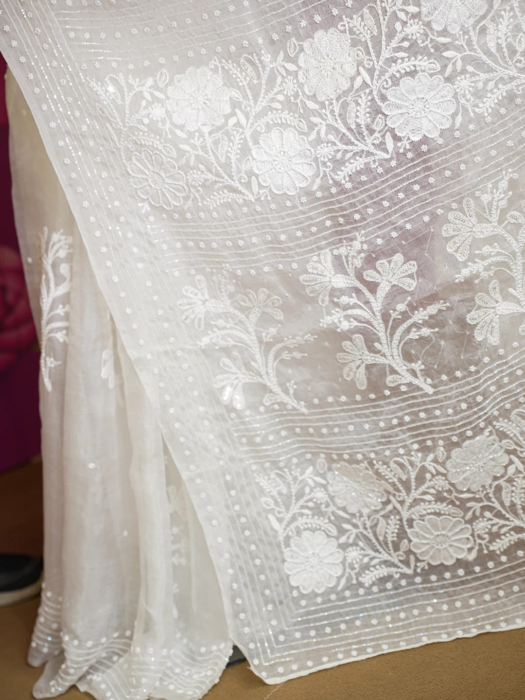 Ada Hand Embroidered Anti-flash White Organza Lucknowi Chikankari Saree With Blouse And Cutdana Work 01A570776