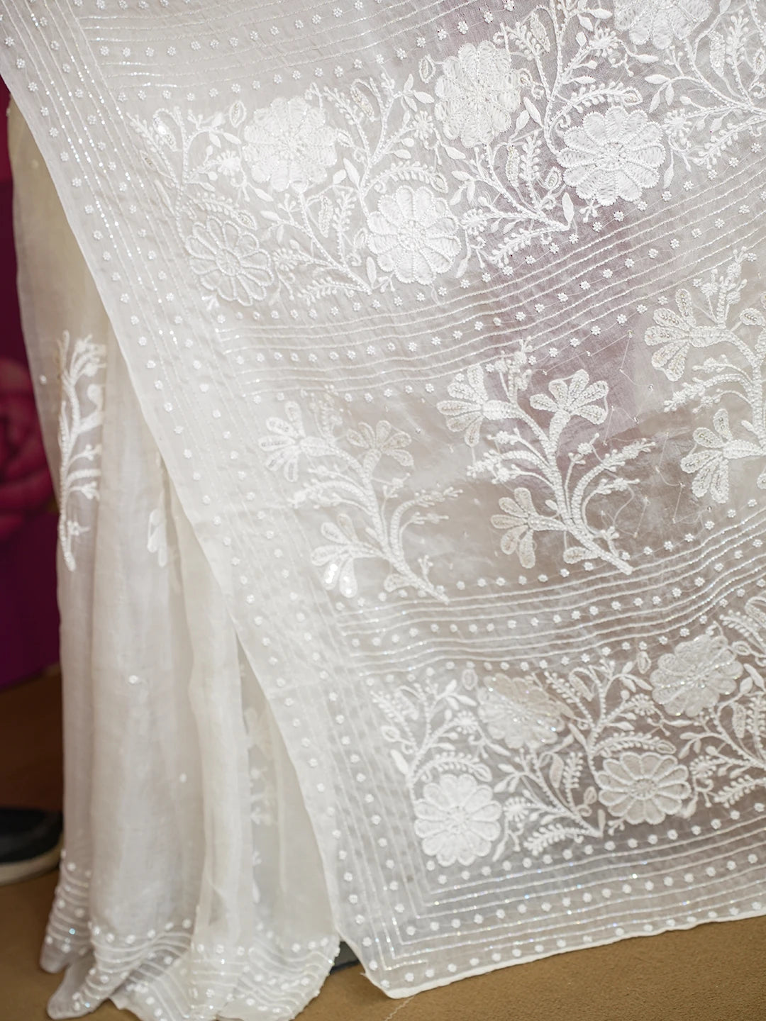 Ada Hand Embroidered Anti-flash White Organza Lucknowi Chikankari Saree With Blouse And Cutdana Work 01A570776