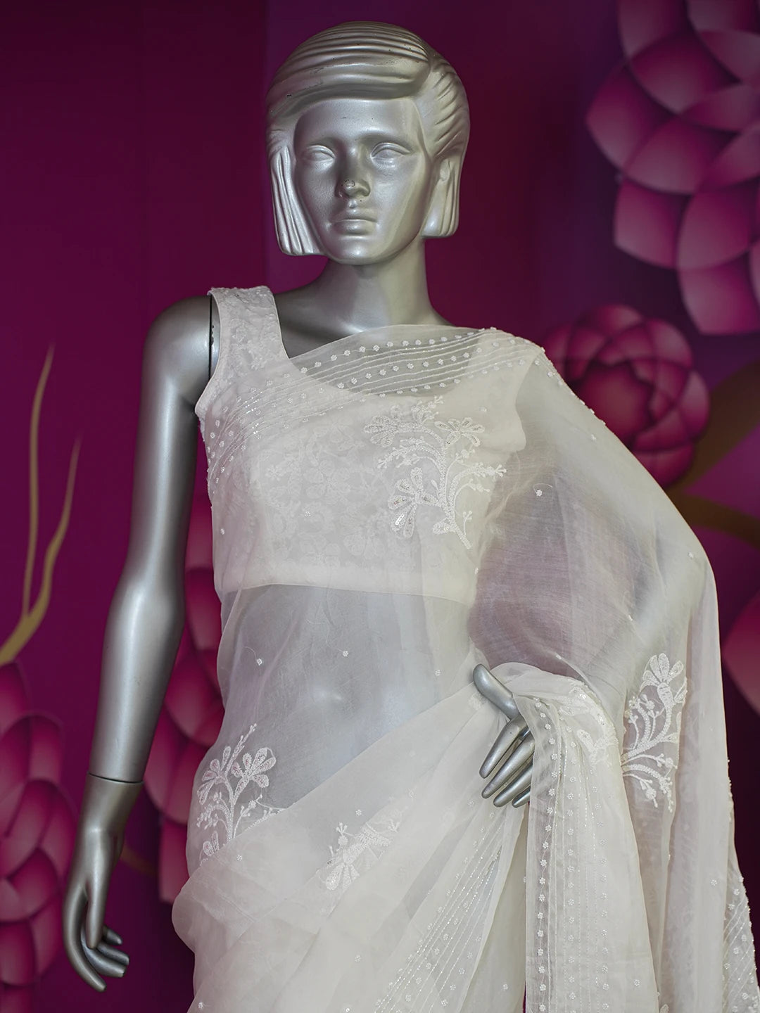 Ada Hand Embroidered Anti-flash White Organza Lucknowi Chikankari Saree With Blouse And Cutdana Work 01A570776