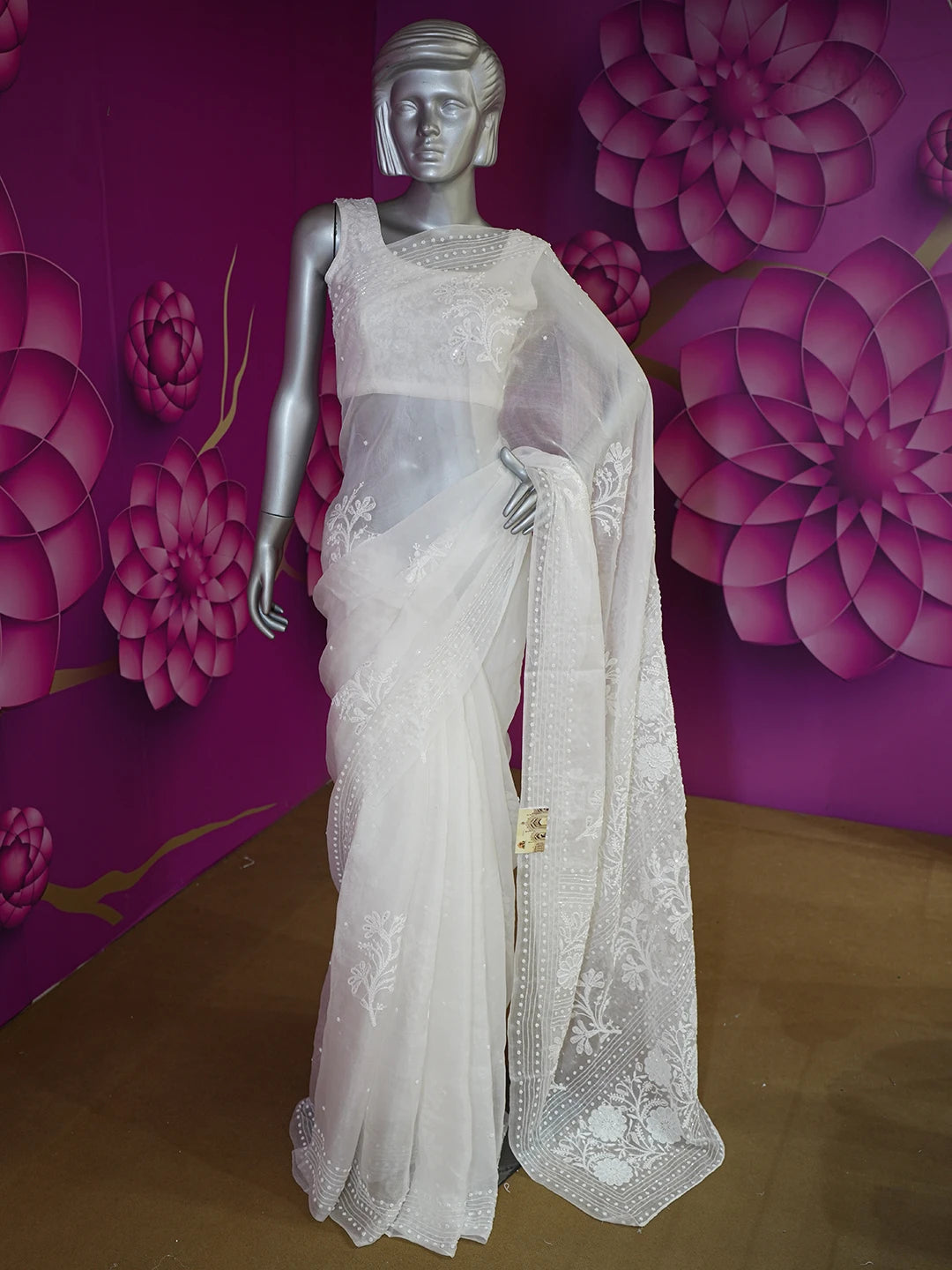 Ada Hand Embroidered Anti-flash White Organza Lucknowi Chikankari Saree With Blouse And Cutdana Work 01A570776