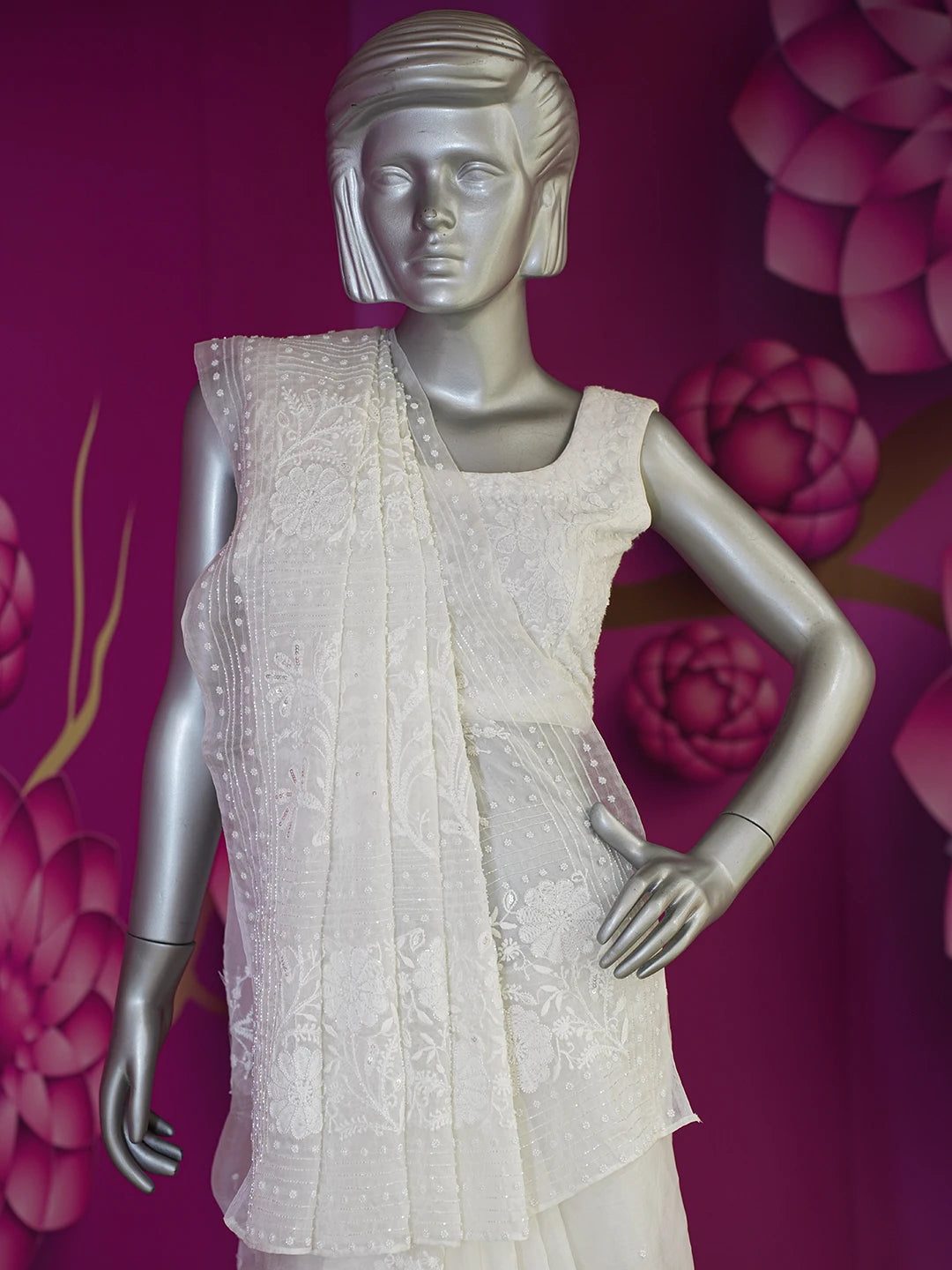 Ada Hand Embroidered Anti-flash White Organza Lucknowi Chikankari Saree With Blouse And Cutdana Work 01A570776