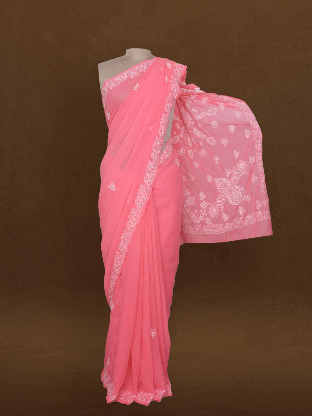 Ada Hand Embroidered Pink Faux Georgette Lucknowi Chikankari Saree With Blouse 01A507054