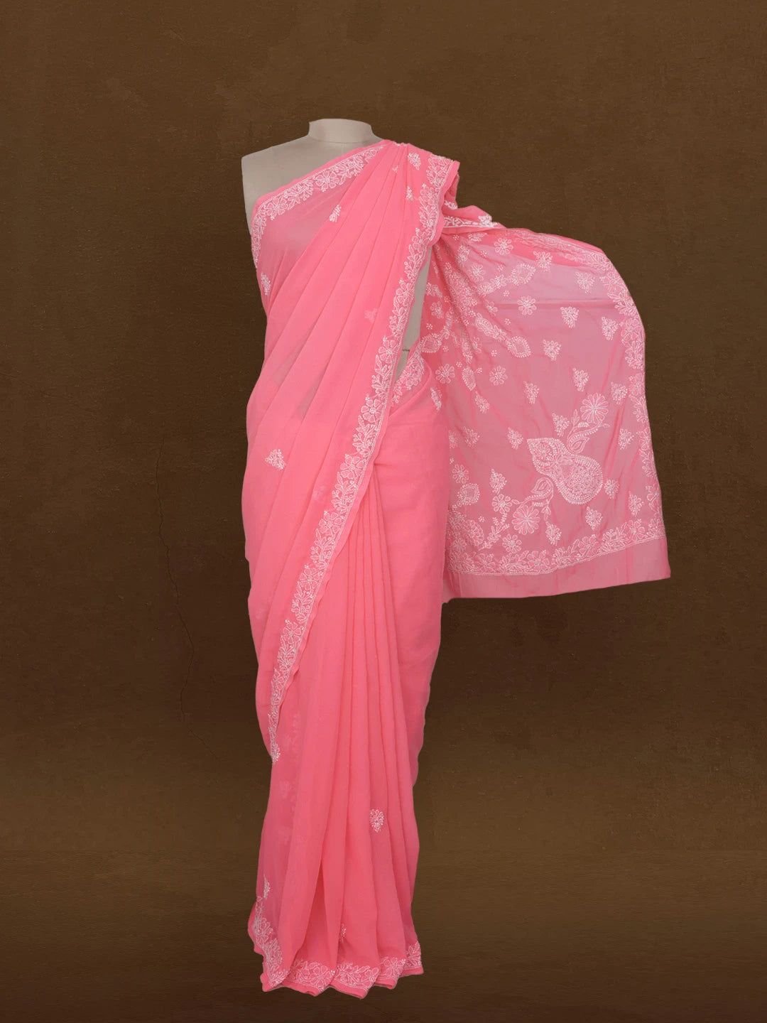 Ada Hand Embroidered Pink Faux Georgette Lucknowi Chikankari Saree With Blouse 01A507054