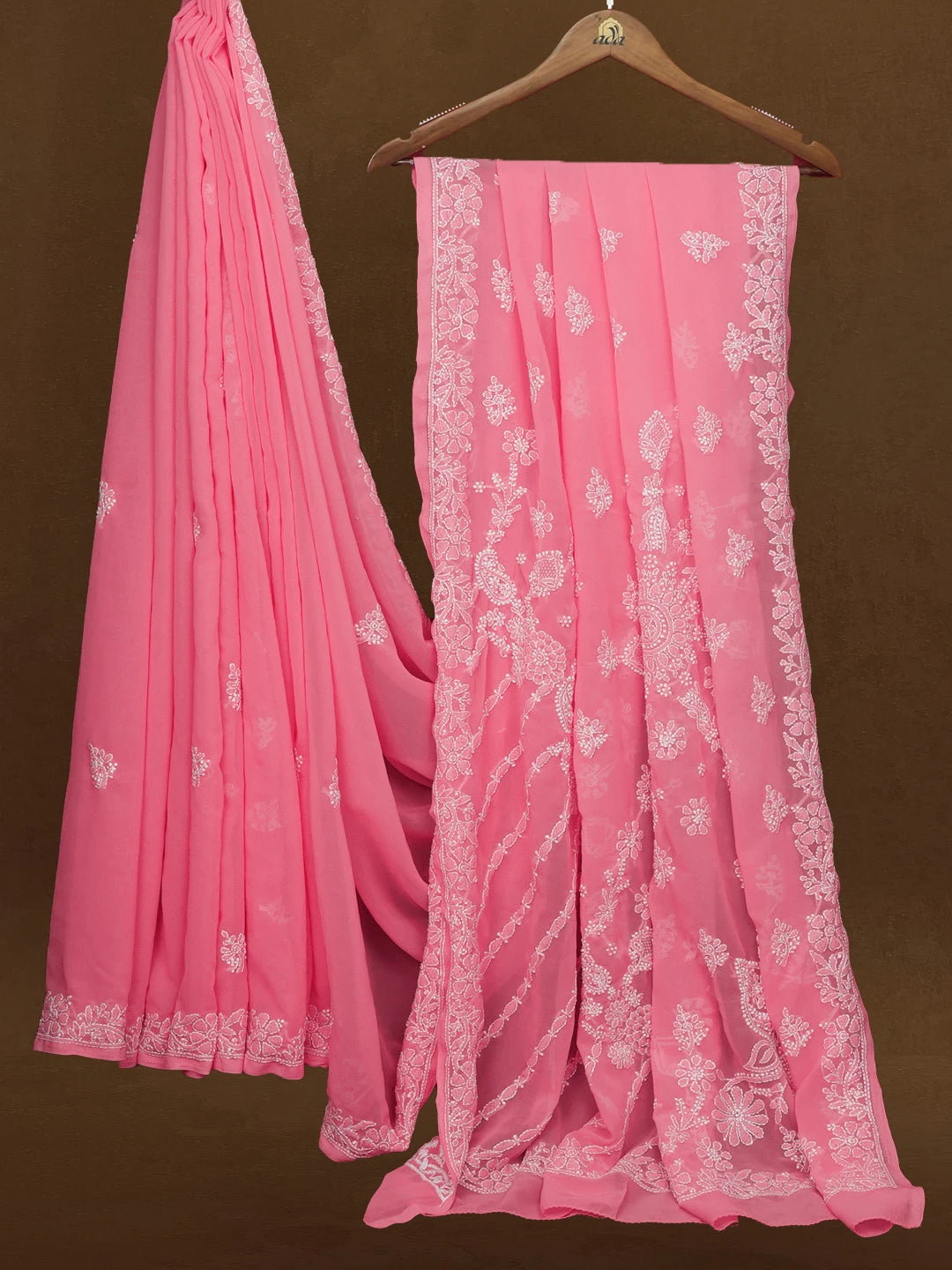 Ada Hand Embroidered Pink Faux Georgette Lucknowi Chikankari Saree With Blouse 01A507054