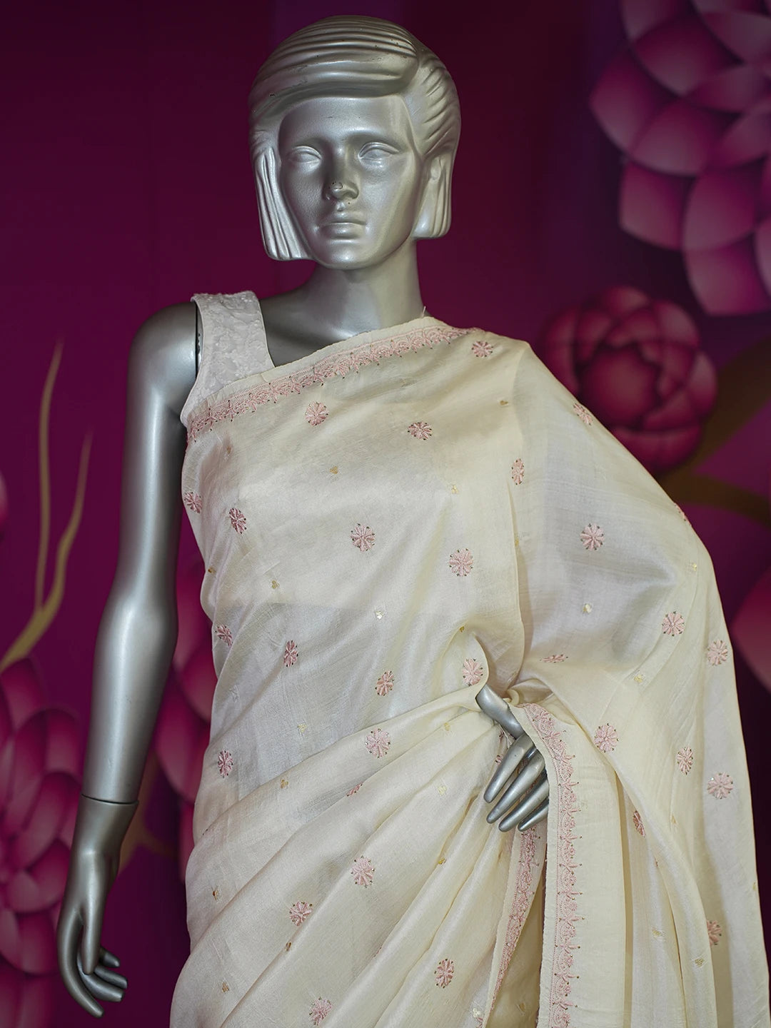 Ada Hand Embroidered Cream Silk Lucknowi Chikankari Saree/Blouse with Muqaish Work 01A338881