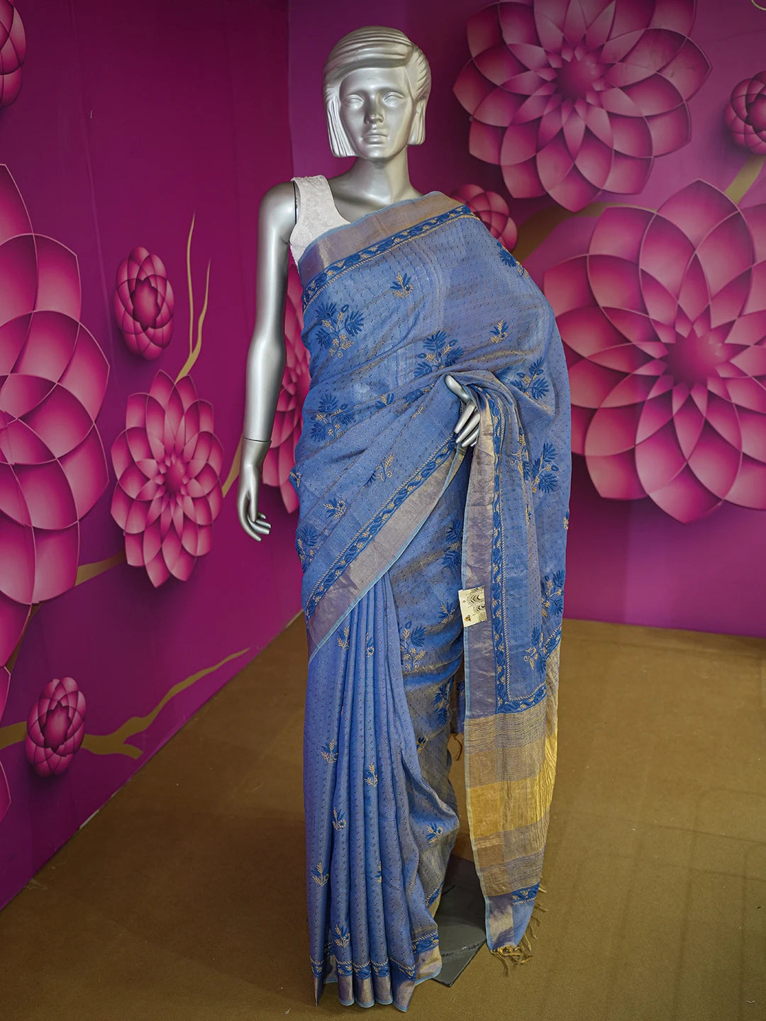 Ada Hand Embroidered Blue Tissue Lucknowi Chikankari Saree With Blouse 01A604545