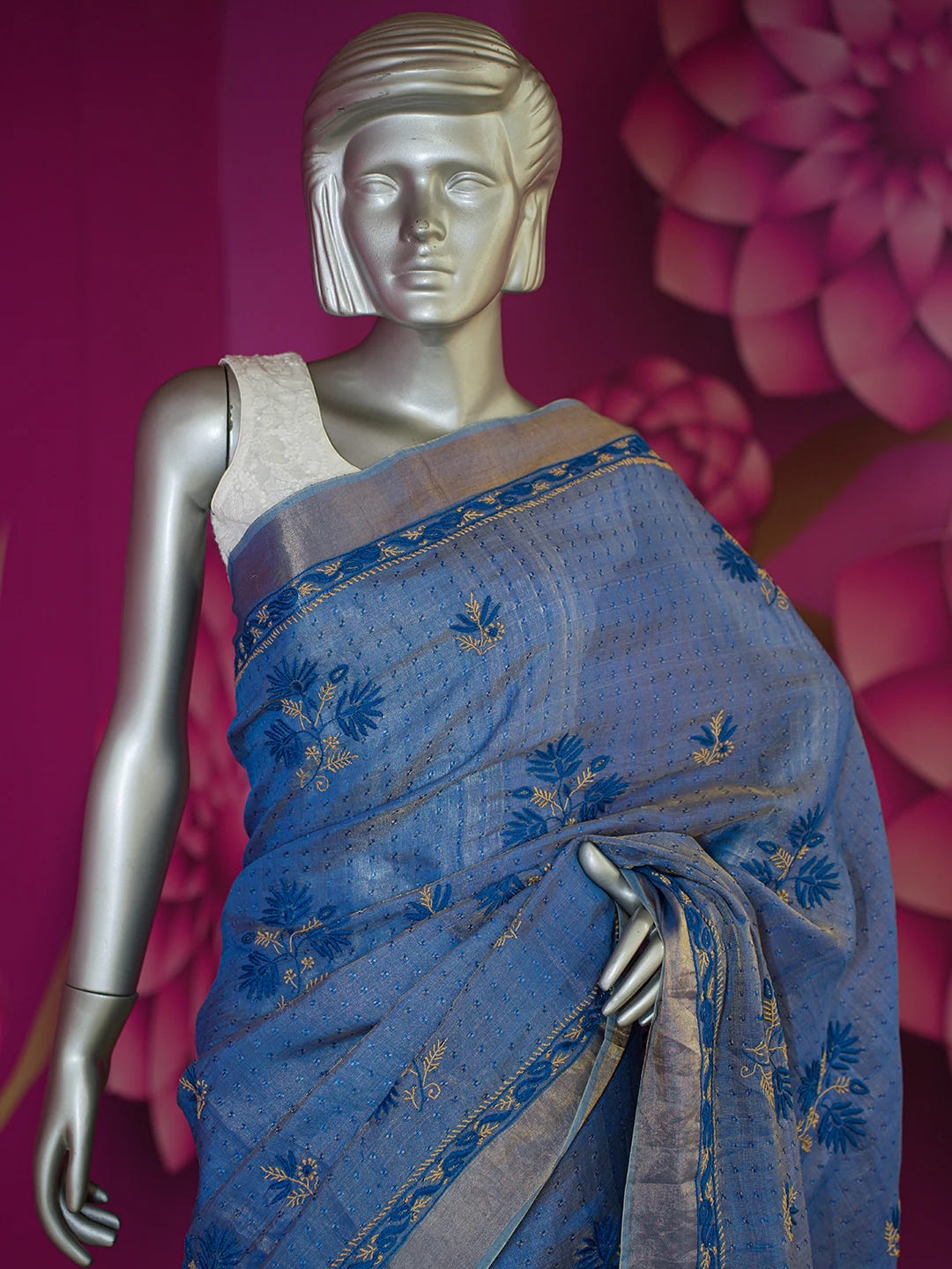 Ada Hand Embroidered Blue Tissue Lucknowi Chikankari Saree With Blouse 01A604545