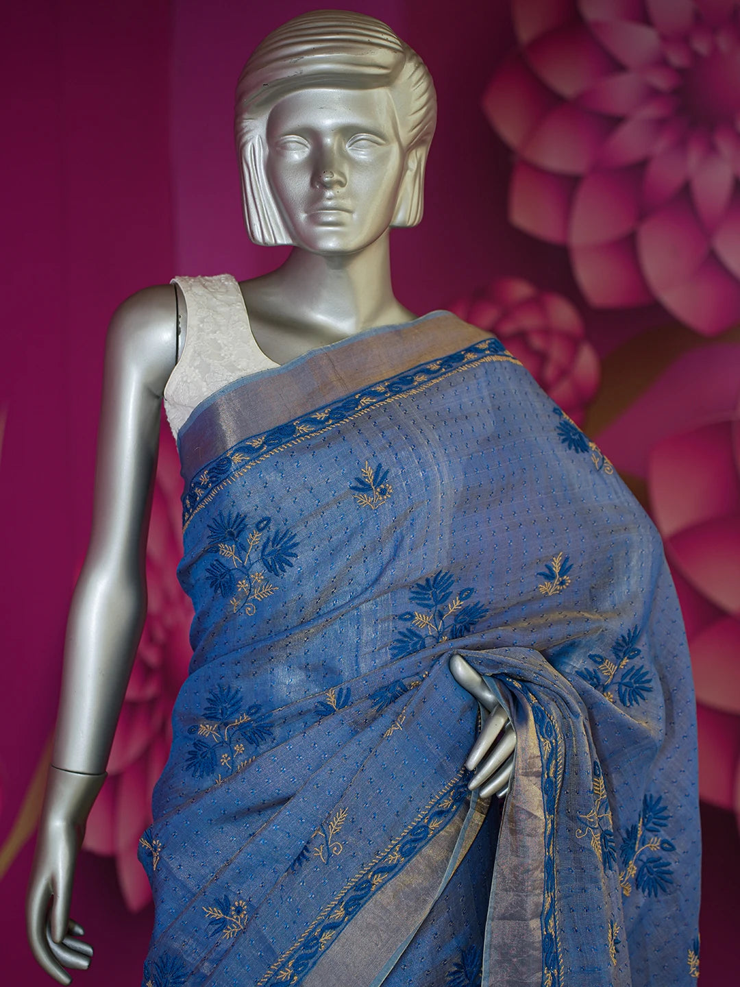 Ada Hand Embroidered Blue Tissue Lucknowi Chikankari Saree With Blouse 01A604545