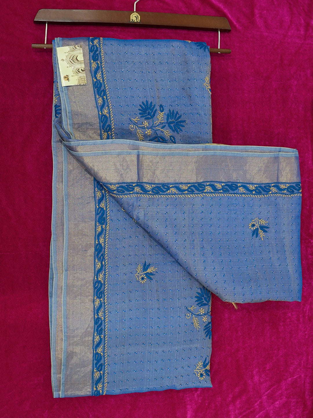 Ada Hand Embroidered Blue Tissue Lucknowi Chikankari Saree With Blouse 01A604545